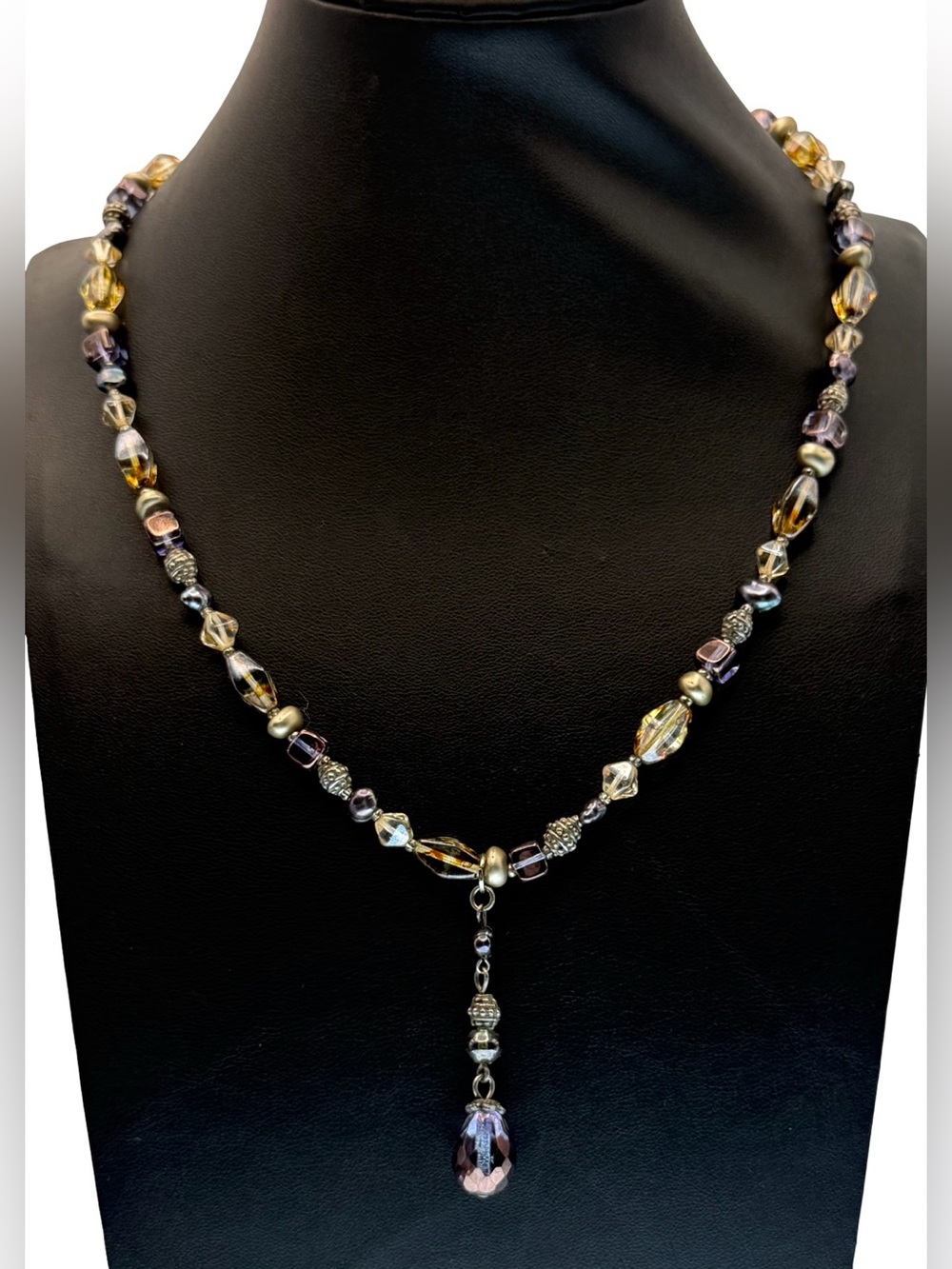 Vintage Glass Crystal Multi-Bead Y-Drop Necklace - Purple & Amber Estate Jewelry